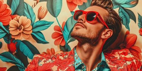 Man with red sunglasses and floral shirt