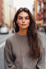 Wall Mural -  A woman stands on the side of the street with her hair in a ponytail