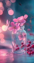 Wall Mural - Delicate pink flowers in a glass vase with red berries and a soft, blurred background.