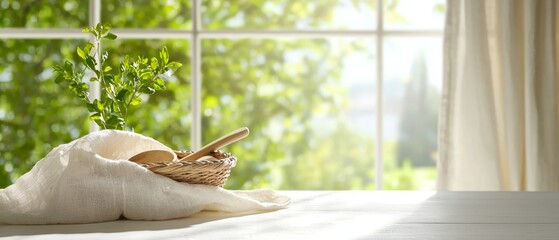  A basket adorned with a cloth rests on a table, accompanied by two wooden spoons Beyond the window, an enchanting outdoor view unfolds