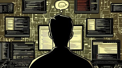 Poster - A programmer analyzes complex code on multiple monitors in a dark workspace during late night hours
