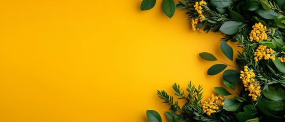 Wall Mural -  A backdrop of yellow, adorned with a green array of leaves and golden flowers, offers an inviting space for text or imagery