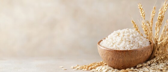  A wooden bowl brimming with rice rests atop a table, near a mound of oatmeal