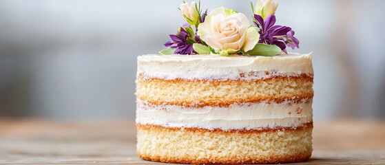 white frosting covers its surface, adorned with purple flowers atop; resting on a weathered wooden table