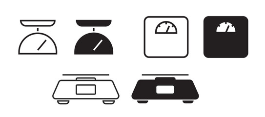 Poster - Scale weight icon set vector simple graphic pictogram illustration, floor, kitchen food and fitness libra symbol silhouette shape sign isolated cut out, weigh measure tool image clip art
