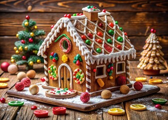 Vibrant, intricately designed gingerbread house with icing and candy details, surrounded by festive holiday decorations and sprinkles on a rustic wooden table surface.