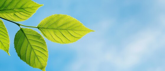  A close-up of a green leaf against a backdrop of a blue sky