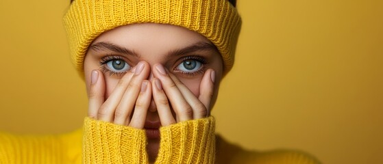 Wall Mural -  A woman with hands over her face, shielding her eyes beneath a yellow knit hat