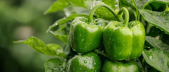 Wall Mural -  A tight shot of green peppers on a plant, adorned with water droplets on their leaves and beneath them The lush backdrop consists of verdant foliage