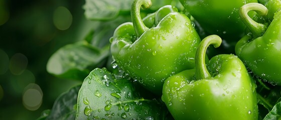 Wall Mural -  A cluster of green peppers atop a verdant, leafy plant, adorned with water droplets