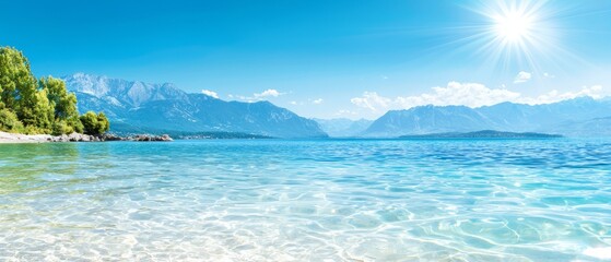 Wall Mural -  A scene featuring a body of water with a mountain range in the backdrop and a radiant sun overhead