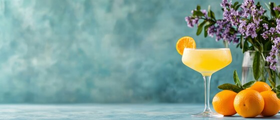 Wall Mural -  A glass of orange juice beside oranges in a cluster and a vase filled with purple flowers on the table