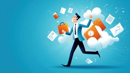 Poster - a salesperson managing a high-stress environment with a calm, focused expression while juggling mult