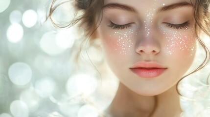 Wall Mural - Close-up Portrait of a Woman with Closed Eyes and Glitter on Her Cheeks