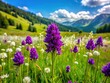 © hapsuwanArt - Vibrant purple bokal flowers bloom in a lush green meadow, surrounded by tall grasses and tiny white wildflowers on a warm sunny day.