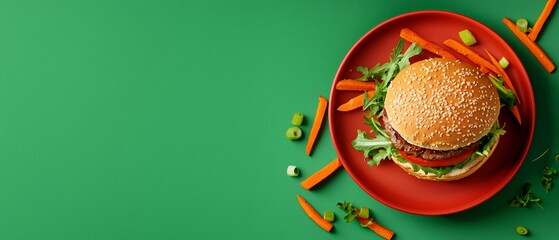 Wall Mural -  A hamburger atop a red plate, accompanied by carrots and celery on a green surface