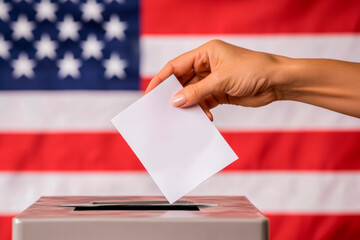 Hand of a person placing a ballot paper in the ballot box with an American flag in the background,2024 American US presidential general election - voting and politics concept. 