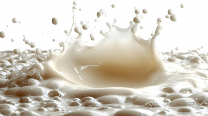 A splash of milk creating bubbles and droplets against a white background.