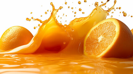 A splash of orange juice with whole oranges, showcasing freshness and vitality.