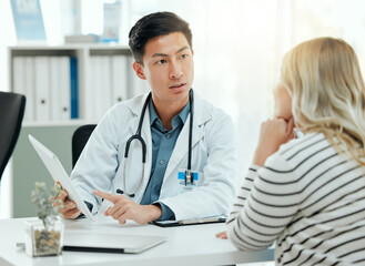 Poster - Hospital, tablet and doctor with woman for consulting, medical service and online diagnosis. Healthcare, clinic and person talking to patient on digital tech for results, insurance and wellness