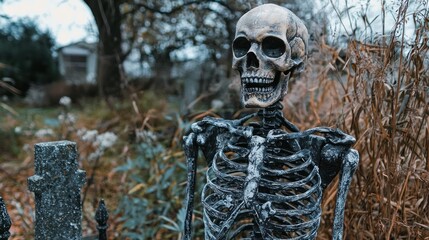 A life-sized skeleton prop standing in a spooky graveyard setting