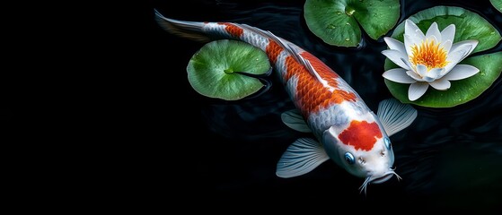  A Koi fish swims before black backdrop, surrounded by lily pads and a white-orange flower