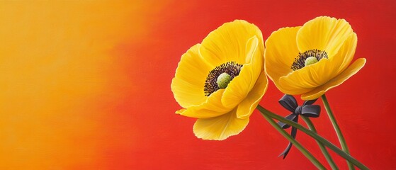 Canvas Print -  A painting of two yellow flowers against a red, yellow, and orange backdrop; their stems are black and prominent in the foreground