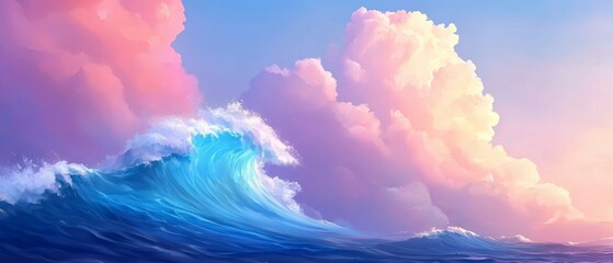 Sticker -  A painting of a wave in the ocean, surrounded by a pink and blue sky, with clouds in the foreground