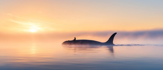 Poster -  A whale, significantly larger than the body of water beneath, floats calmly under a cloud-studded sky A solitary figure stands atop its back