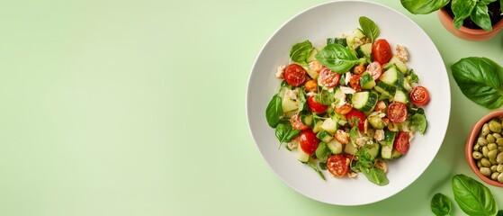 Wall Mural -  A white bowl brimming with cucumbers, tomatoes, and various vegetables lies next to a thriving potted plant