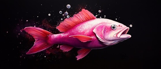 Wall Mural -  A pink fish painted against a black backdrop, surrounded by bubbles of water