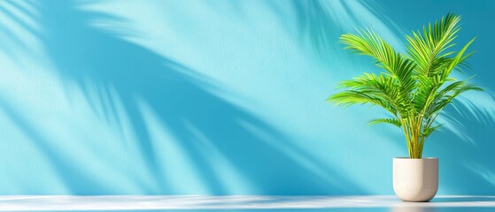 Canvas Print -  A potted plant on a table before a blue wall casts a palm tree shadow