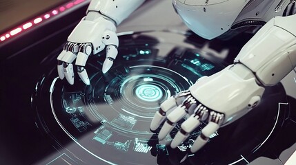Poster - Two futuristic robots sharing a spark during a collaborative experiment in a high-tech lab at night