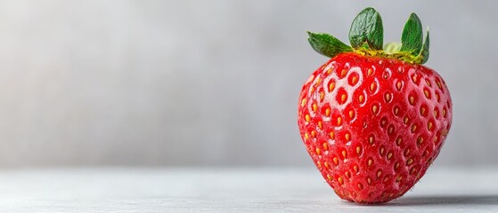 Wall Mural -  A crisp strawberry, leaf atop, against a pristine white backdrop, encircled by a subtle gray hue