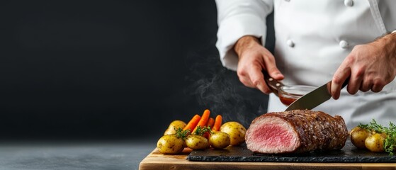 Wall Mural -  A chef chops a meat segment on a cutting board; veggies and carrots adjacent