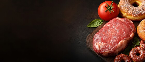 Poster -  A wooden cutting board holds donuts and a slice of meat, adjacent to a mound of doughnuts