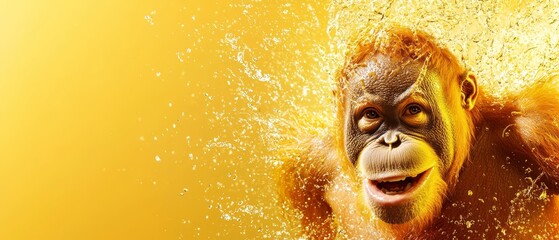 Wall Mural -  A tight shot of a monkey with yellow paint smeared across its face and a splash of water dripping from it