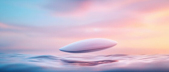 Wall Mural -  A white Frisbee hovers above a tranquil body of water, surrounded by a clear blue sky