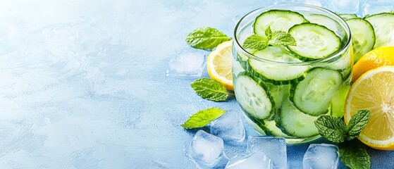 Wall Mural -  A glass of cucumber, lemon, and mint beverage with ice cubes against a blue background