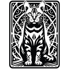 Bengal Cat in Tarot card black and white silhouette illustration