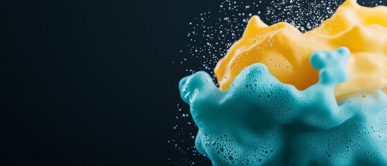  A blue-yellow foam floats atop a black surface, crowned with a water splash