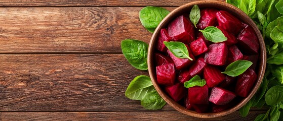 Wall Mural -  A wooden table holds a bowl filled with beets, beside a green plant, its leaves lush and vibrant