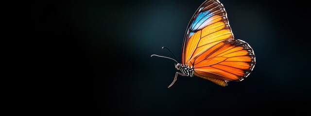 Wall Mural -  Butterfly flying with spread wings against black backdrop..Or, for a more descriptive version:..A close-up of a butterfly in mid-