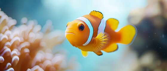 Wall Mural -  A tight shot of a clownfish inside an foreground anemone, surrounded by another anemone in the background