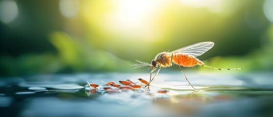 Sticker -  A tight shot of a mosquito hovering above still water Grass sways gently in the background Sunlight dances on the surface