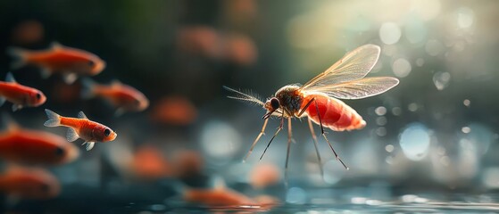  A tight shot of a mosquito hovering above still water teeming with numerous tiny orange fish