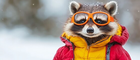 Canvas Print -  A raccoon dons a red and yellow jacket, orange goggles in wintry scene, trees background