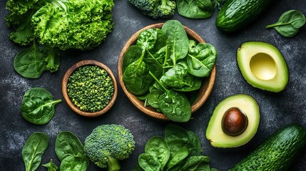 various green vegetables, such as spinach, broccoli, and avocado