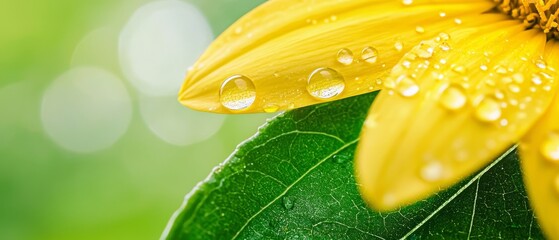 Sticker -  A tight shot of a yellow flower with dewdrops, and a green leaf in the foreground