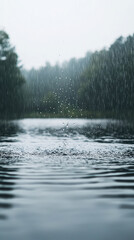 A downpour of rain hitting surface of calm lake creates serene atmosphere